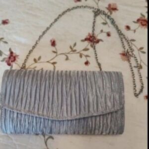 NWOT Silver/Gray Crepe Clutch
